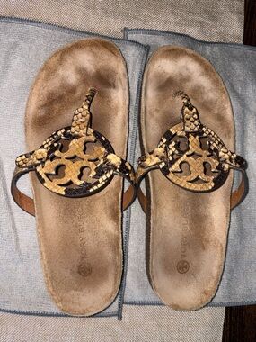 Tory Burch Snake-Print Miller Thong Sandals in Tan and Black
